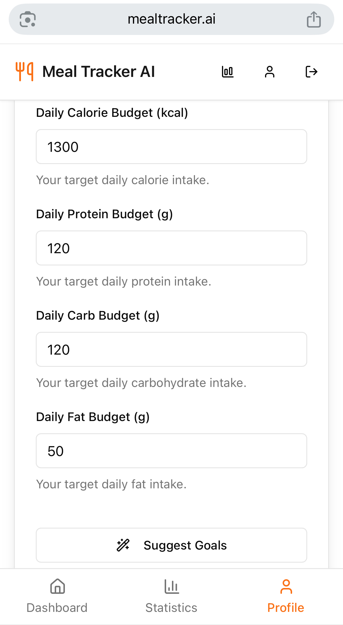 App interface showing personalized nutrition goals