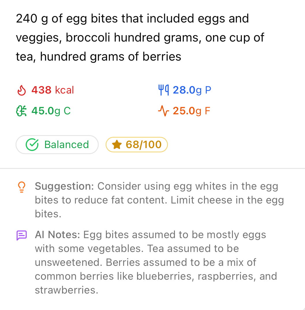 App interface showing smart meal assessment with score and suggestions